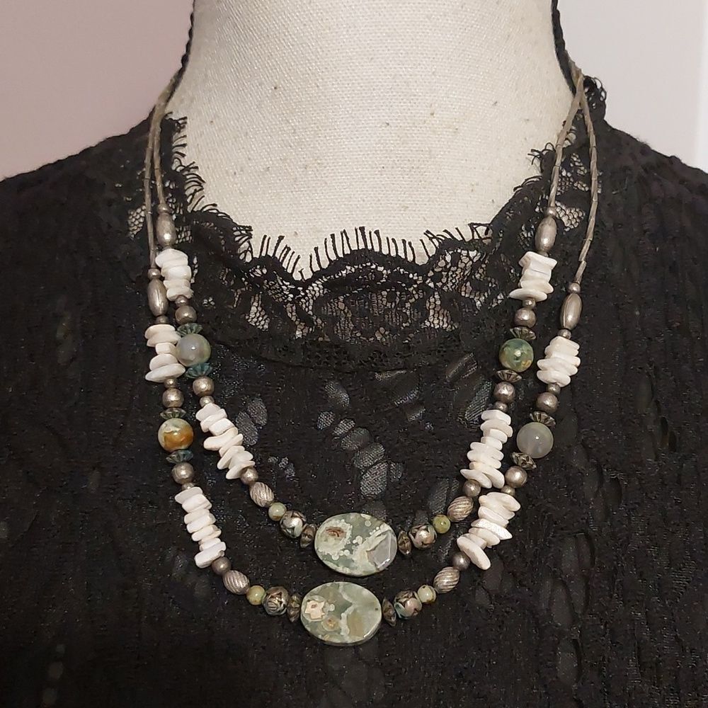 Mixed Media Ryolite Beads Puka Shell and Liquid Silver Double Strand Necklace